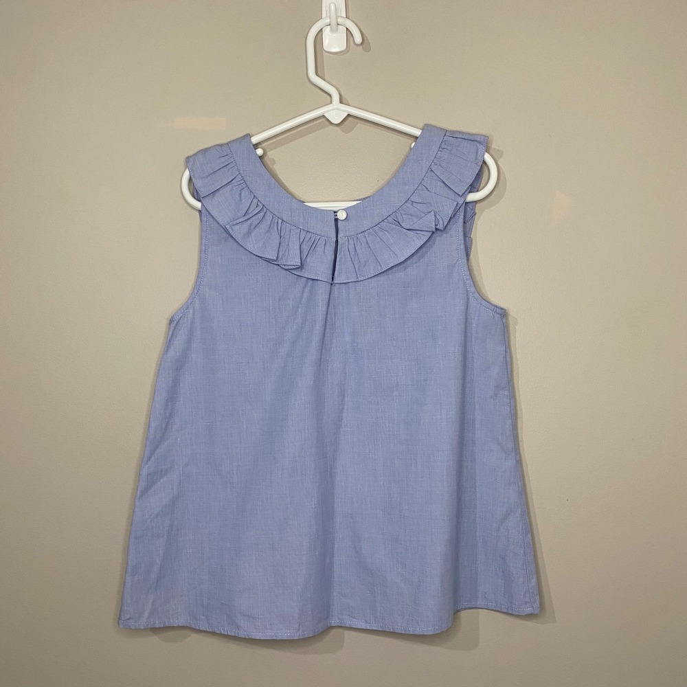 Jacadi Paris Girls Light Blue Ruffle Cotton Sleeveless Blouse Size 8A 128cm - Picture 2 of 4